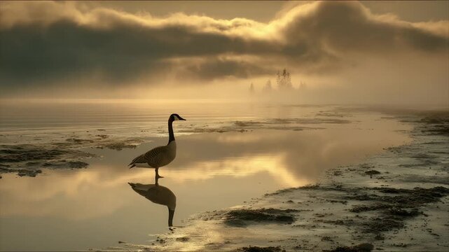A goose stands in shallow water, reflecting on the surface, with a foggy shoreline background