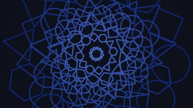 An intricate abstract design featuring overlapping blue geometric shapes forming a symmetrical pattern against a dark background.