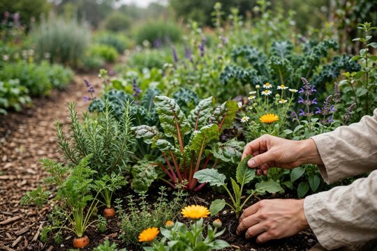 Vibrant Cottage Garden with Aromatic Herbs and Wildflowers