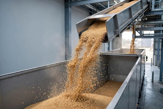 Wheat Grain Flowing from Industrial Conveyor System