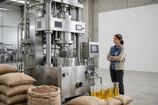 Woman Inspecting Grain Processing Machinery in Industrial Factory