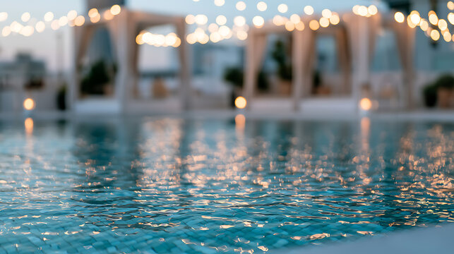 Sparkling blue pool water reflecting warm string lights and luxurious poolside cabanas at a tranquil evening resort