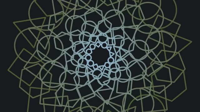An intricate design featuring overlapping geometric shapes such as circles, squares, and hexagons in light green on a dark background, forming a symmetrical pattern.