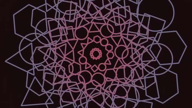 An intricate geometric pattern featuring overlapping circles, hexagons, and lines in shades of pink and purple on a dark background, creating a mandala-like design.