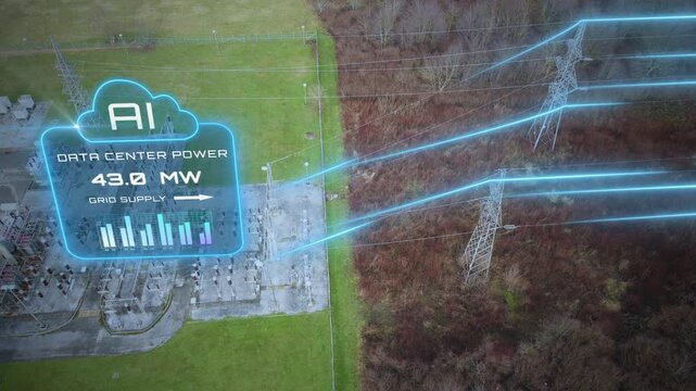 AI data center power demand visualized over electrical substation with animated electricity flow and energy monitoring