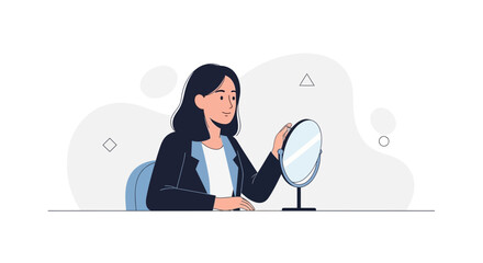 Fototapeta premium Woman in business suit looking in mirror, self-reflection, confidence, preparation, modern flat illustration