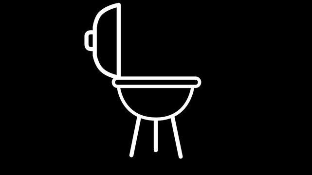 Animated white outline of a round BBQ grill opening, emitting smoke, and closing on a black background. Minimalist.