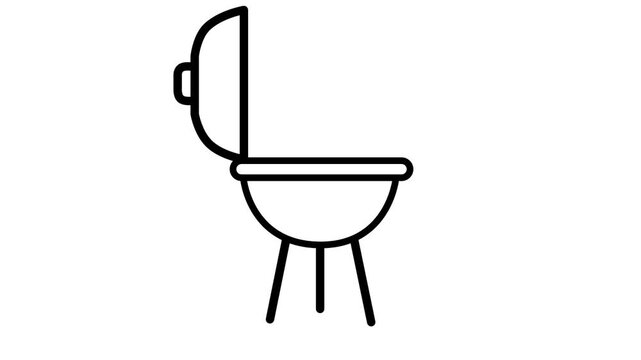 Animated black outline of a round BBQ grill opening, releasing smoke, and closing on a white background. Minimalist.