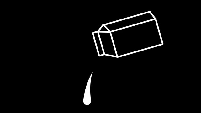 Animated white outline of a milk carton pouring a drop of milk, isolated on a black background. Minimalist line art.