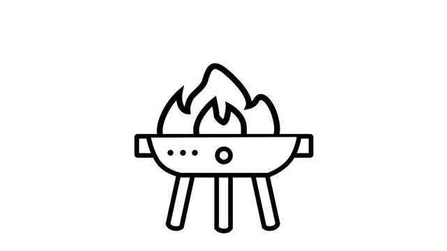 Animated black outline of a BBQ grill with burning fire flames, isolated on a white background. Minimalist line art.