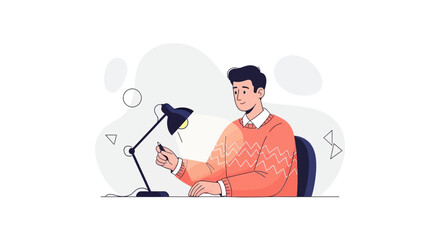 Fototapeta premium Young Man Working at Desk Under Desk Lamp, Vector Illustration Concept
