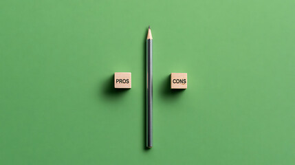 Fototapeta premium Decision Weighing: Pencil Balancing Between Pros and Cons on a Green Background for Business Strategy Analysis