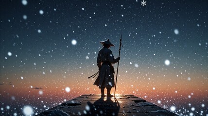 Naklejka premium Samurai Warrior Standing on Cliff Edge During Snowy Twilight