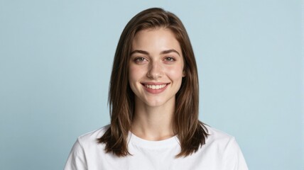 Fototapeta premium Smiling Young Woman with Brown Hair in White T-Shirt on Blue Background