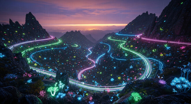 Futuristic mountain highway glowing with neon lights winding through a mystical valley at sunset