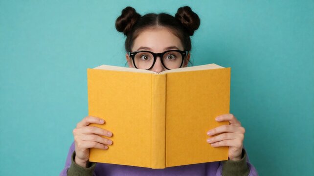 Surprised Young Woman Reading A Large Yellow Book