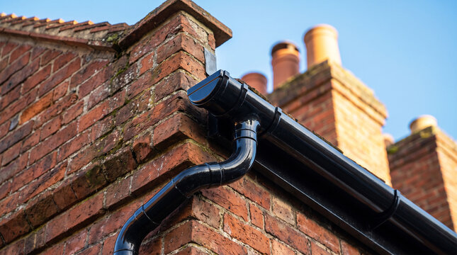 Black plastic guttering and downpipe on an old red brick building