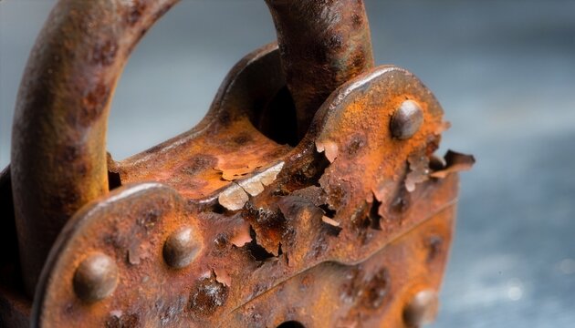 Extreme close-up of a heavily rusted padlock, layers of orange and dark brown corrosion covering the metal.
