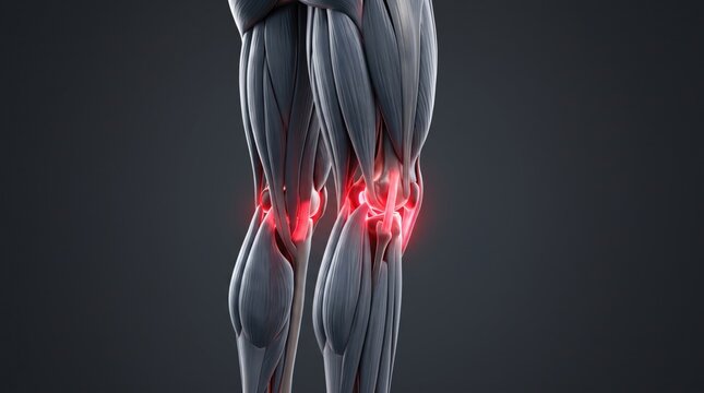 3D anatomical illustration of human leg muscles with knee pain inflammation isolated on solid background