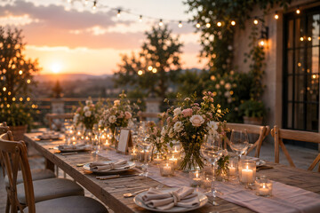 Fototapeta premium Romantic outdoor terrace table setting glowing with string lights as the sun sets over hills