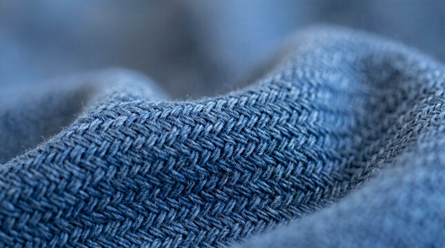 Closeup of blue herringbone fabric texture with soft folds