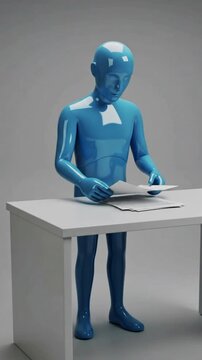 3D Glossy Blue Character Standing at Desk Reviewing Paper Documents