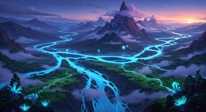 Magical glowing river flowing through a mystical fantasy mountain landscape at sunset with vibrant colors and ethereal lighting for concept art
