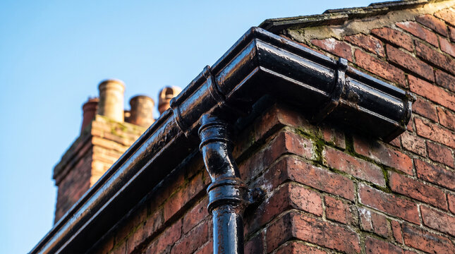 Closeup of a black cast iron gutter and downpipe on a weathered brick building