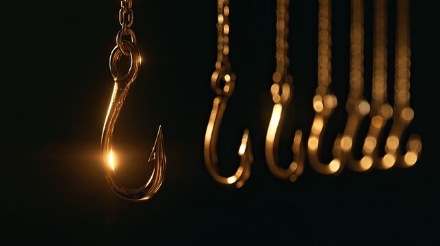 Shiny gold fishing hooks hang in a row, one illuminated by a bright light