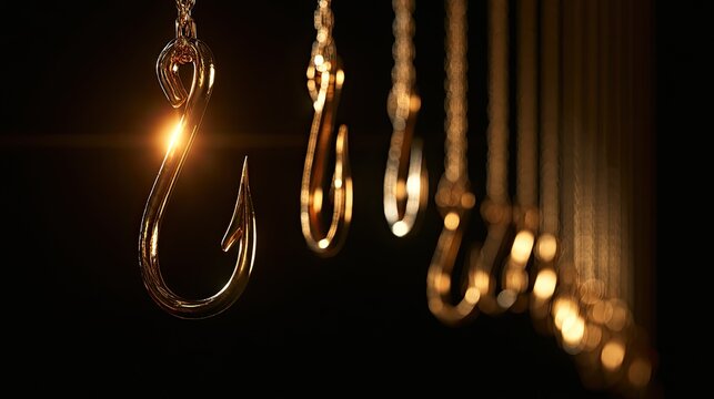 Gleaming golden fishing hooks dangle in a row, one catches light