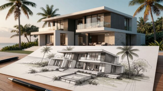 Architectural Sketch of Modern Coastal Villa with Real House Background