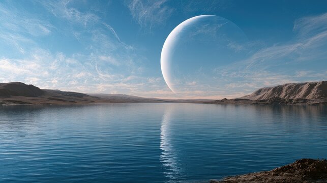 Expansive, tranquil alien lake reflects a vast, luminous planet under a serene sky