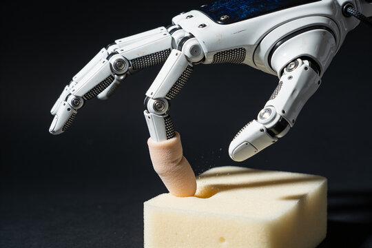 Robotic fingertip with tactile skin pressing into a soft sponge block
