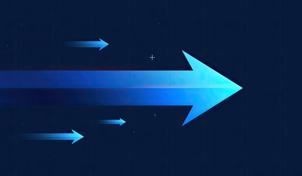 A gradient blue arrow speeds forward on a dark, starry background