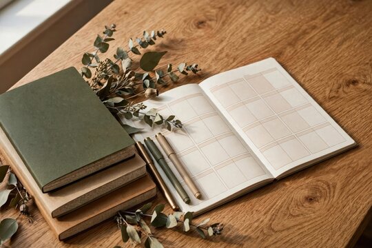 Aesthetic flat lay with journal, planner, and dried foliage on wood