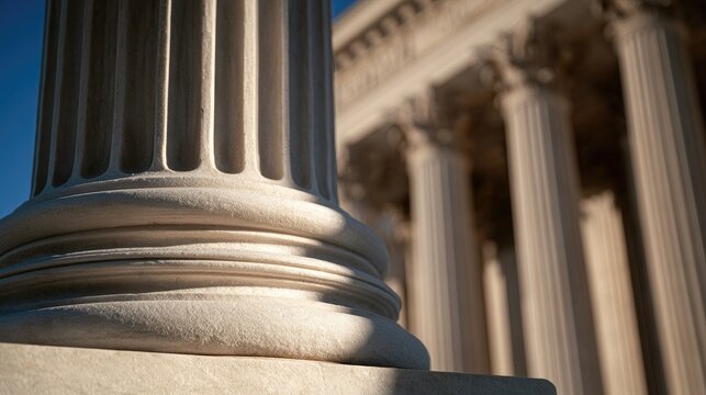 Marble column detail in foreground with grand building facade behind