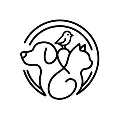 Obraz premium Stylized pet logo with dog cat and bird profiles.