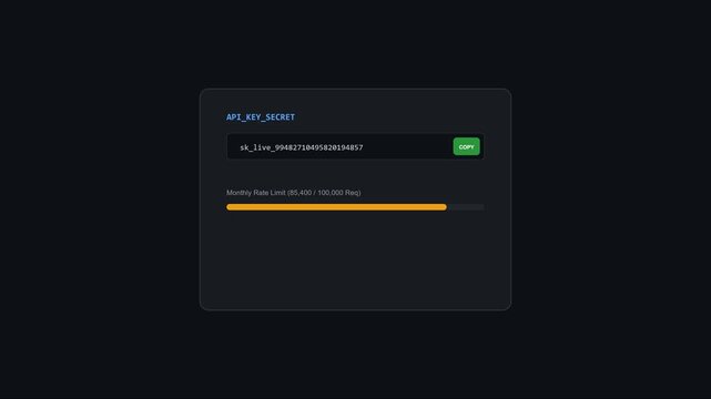 Api key secret dashboard interface with copy functionality and usage progress bar for software development and cloud computing animation 4k
