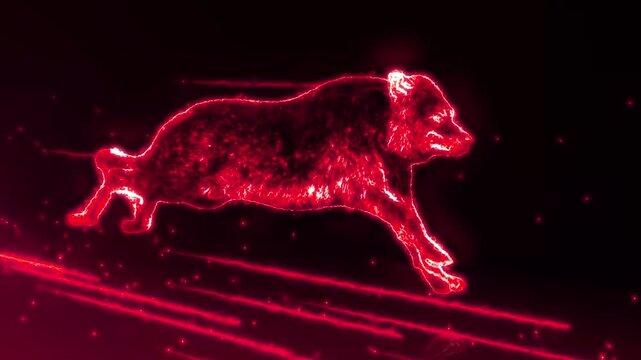 Glowing red wolf runs through energy particles and light streaks on black.