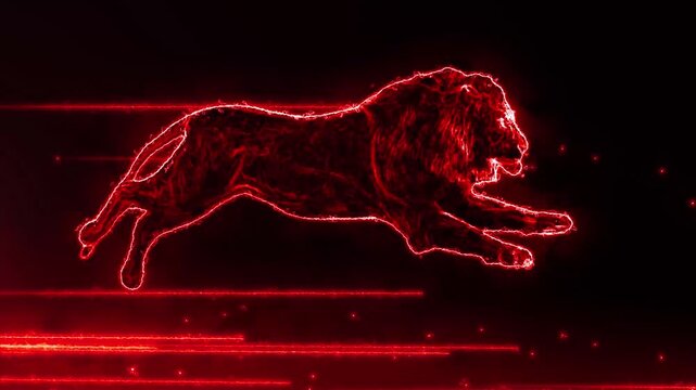Powerful red electric lion outlined with glowing energy on a dark background.