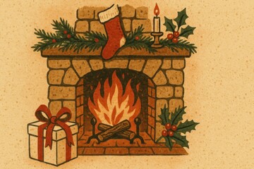 Fototapeta premium Cozy holiday fireplace illustration.