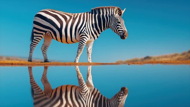 A zebra stands by water reflecting its striped pattern against a serene blue sky