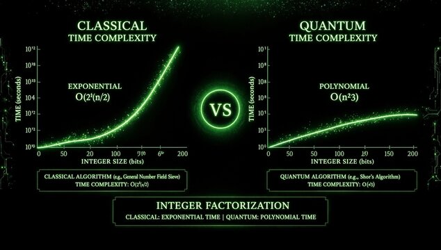 Classical vs Quantum Time Complexity Graph Comparing Exponential and Polynomial Factorization