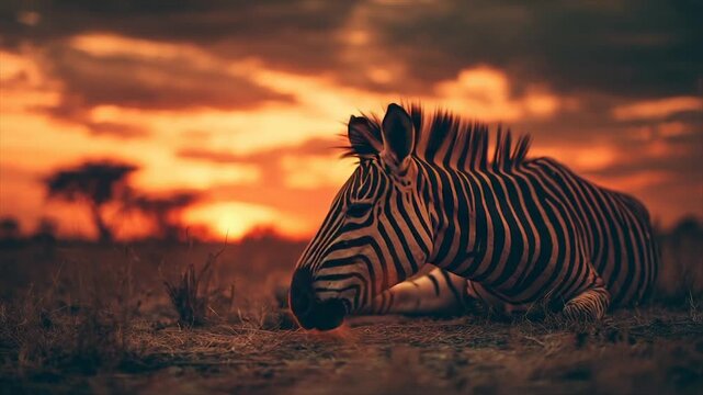 A resting zebra in the savanna during a sunset, with dramatic orange skies
