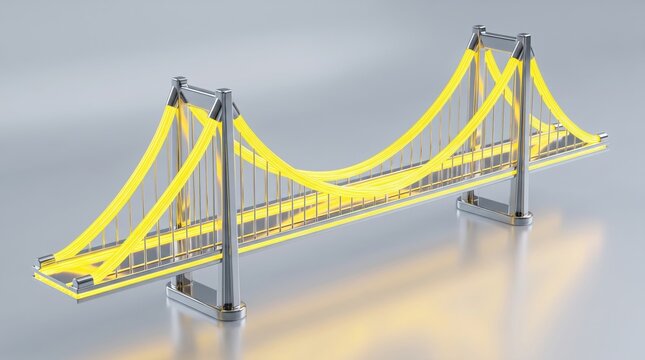 3D render of a futuristic suspension bridge with glowing yellow neon cables isolated on solid background
