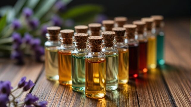 Essential Oil Bottles Arranged on Wooden Table with Lavender Flowers