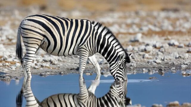 A zebra stands near a body of water, reflecting its stripes in the clear blue surface
