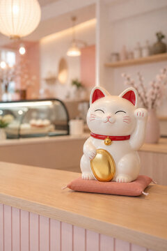 Minimal white maneki neko on a pastel cafe counter, set against a softly blurred modern interior for a cheerful concept of luck, hospitality, and small business.