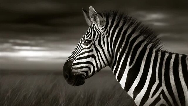 A sepia-toned profile shot of a zebra's head and neck against a blurred savanna backdrop