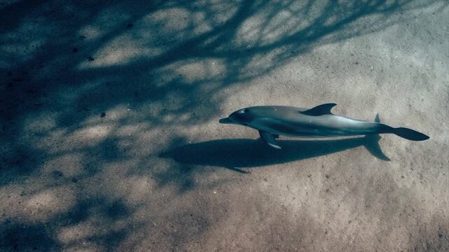 Overhead underwater shot of a dolphin swimming across a sandy ocean floor with shadows